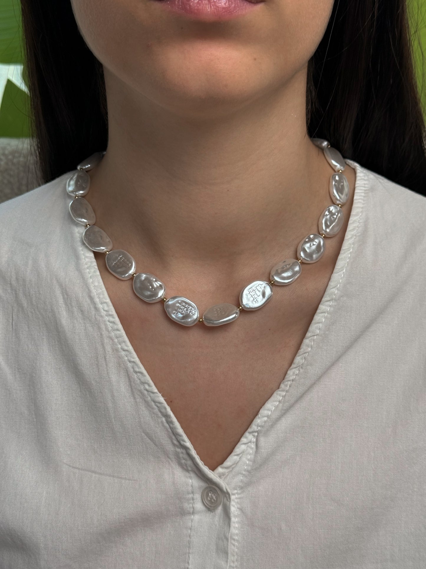 Collana Perle Piatte e Moschettone