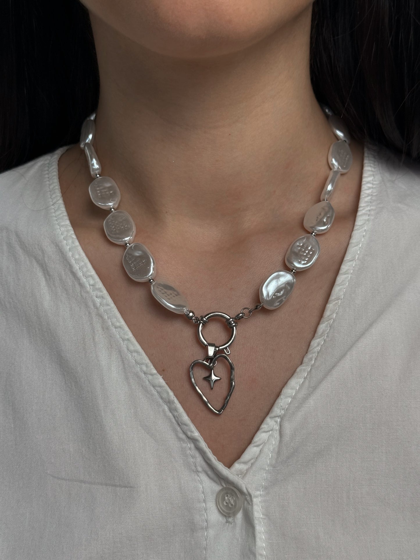 Collana Perle Piatte e Moschettone